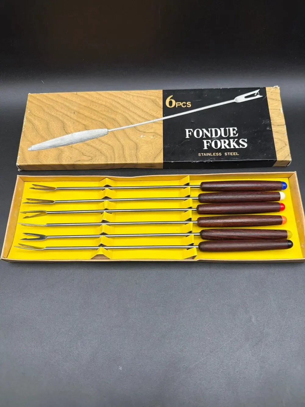 Vintage Fondue Fork Set 6 Stainless Steel Japan Wood Handles In Box mid century